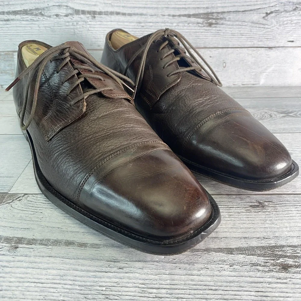 Johnston & Murphy Shoes Mens 11 M Brown Pebble Leather Cap Toe Derby Formal Nice